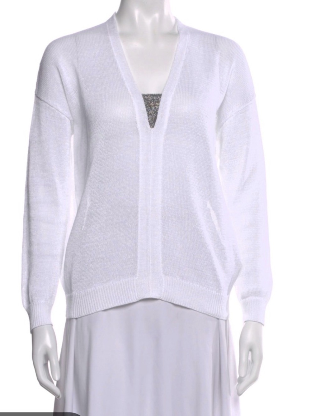 Brunello Cucinelli White V-Neck Lightweight Knit Sweater